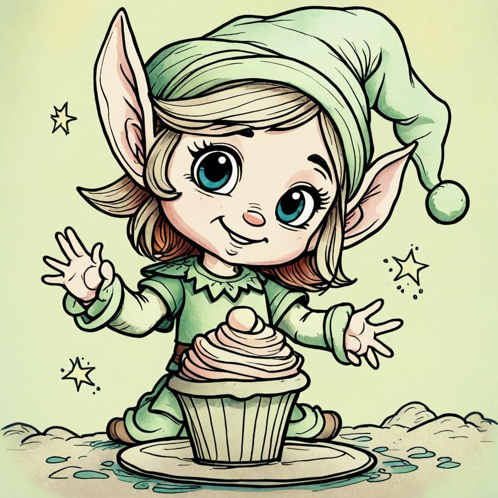 Colored Elf from Elf Cartoon holding a cupcake
