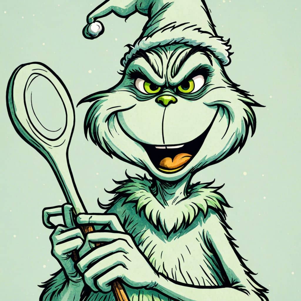 Colored Grinch - the character from the Grinch cartoon holding a wooden spoon