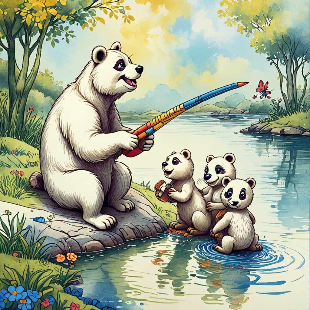 Colored Bear showing cubs how to fish