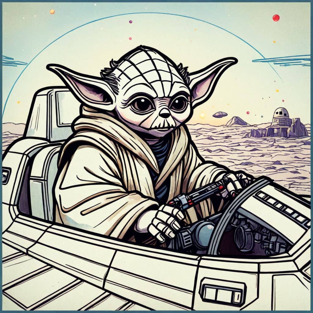 Colored Yoda piloting Jedi starfighter