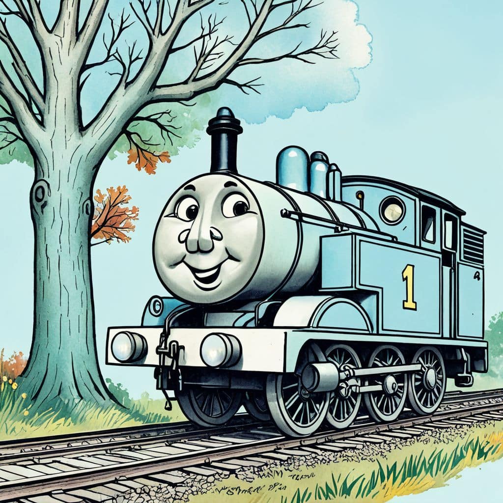 Colored Percy the Small Engine rescuing a cat from a tree