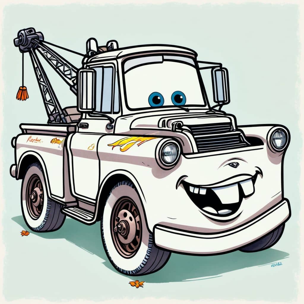 Colored Mater - the tow truck from Disney Cars towing a broken-down car