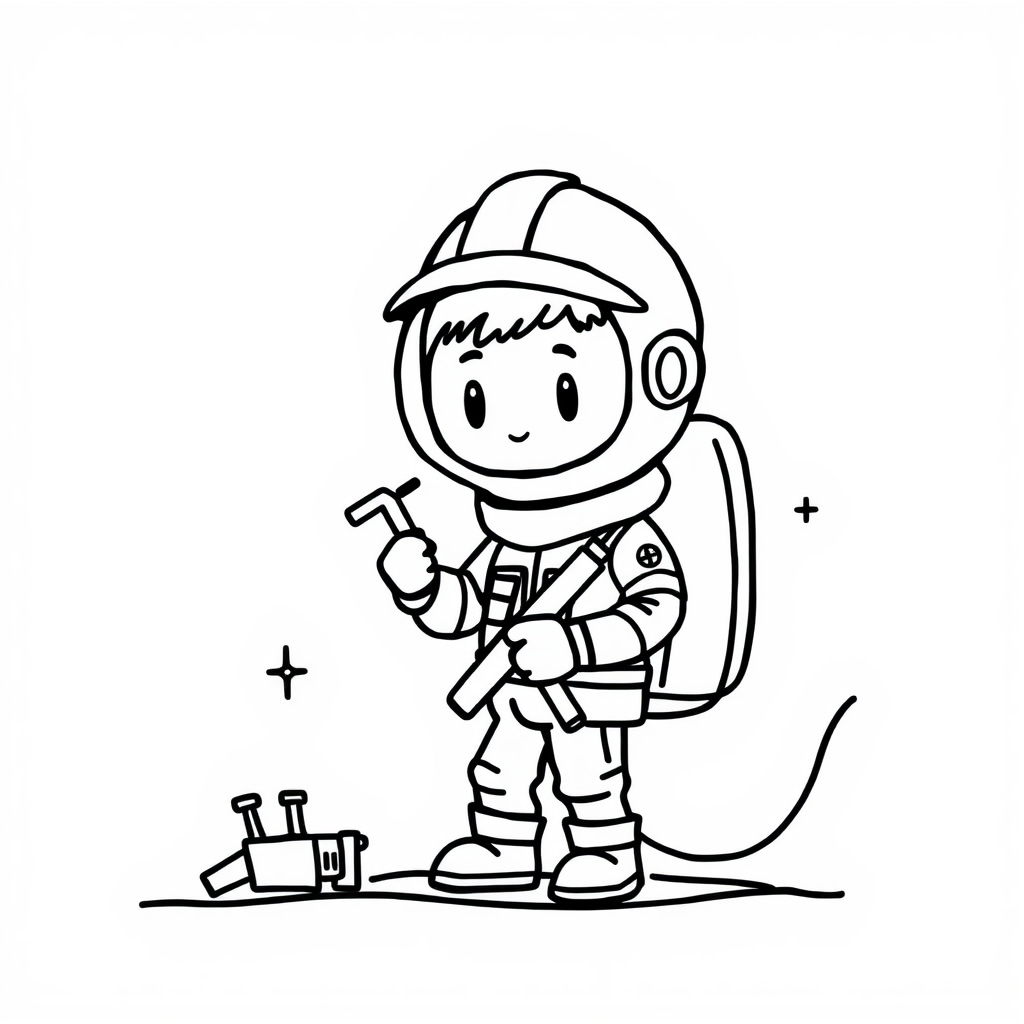 Engineer repairing satellite with toolkit