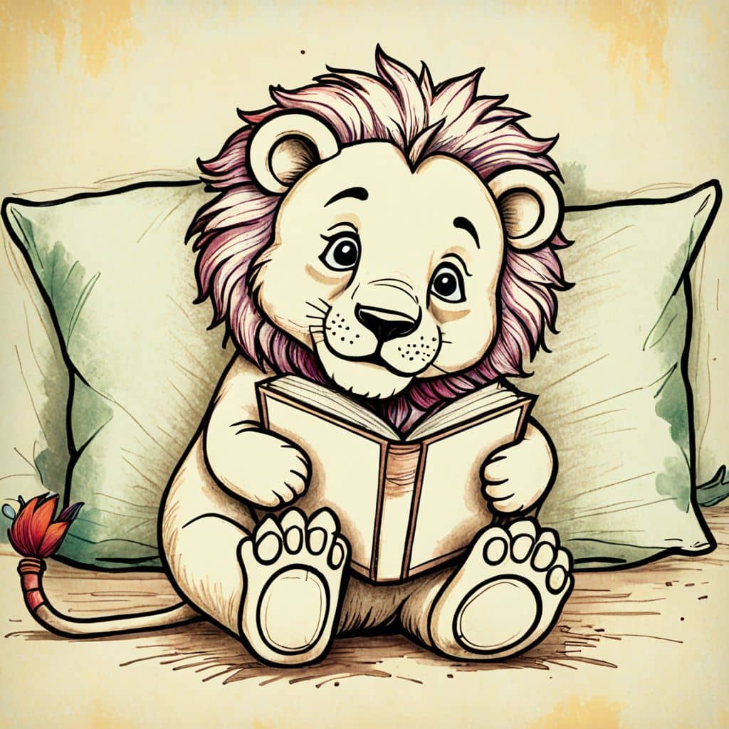Colored Lion reading a book in bed