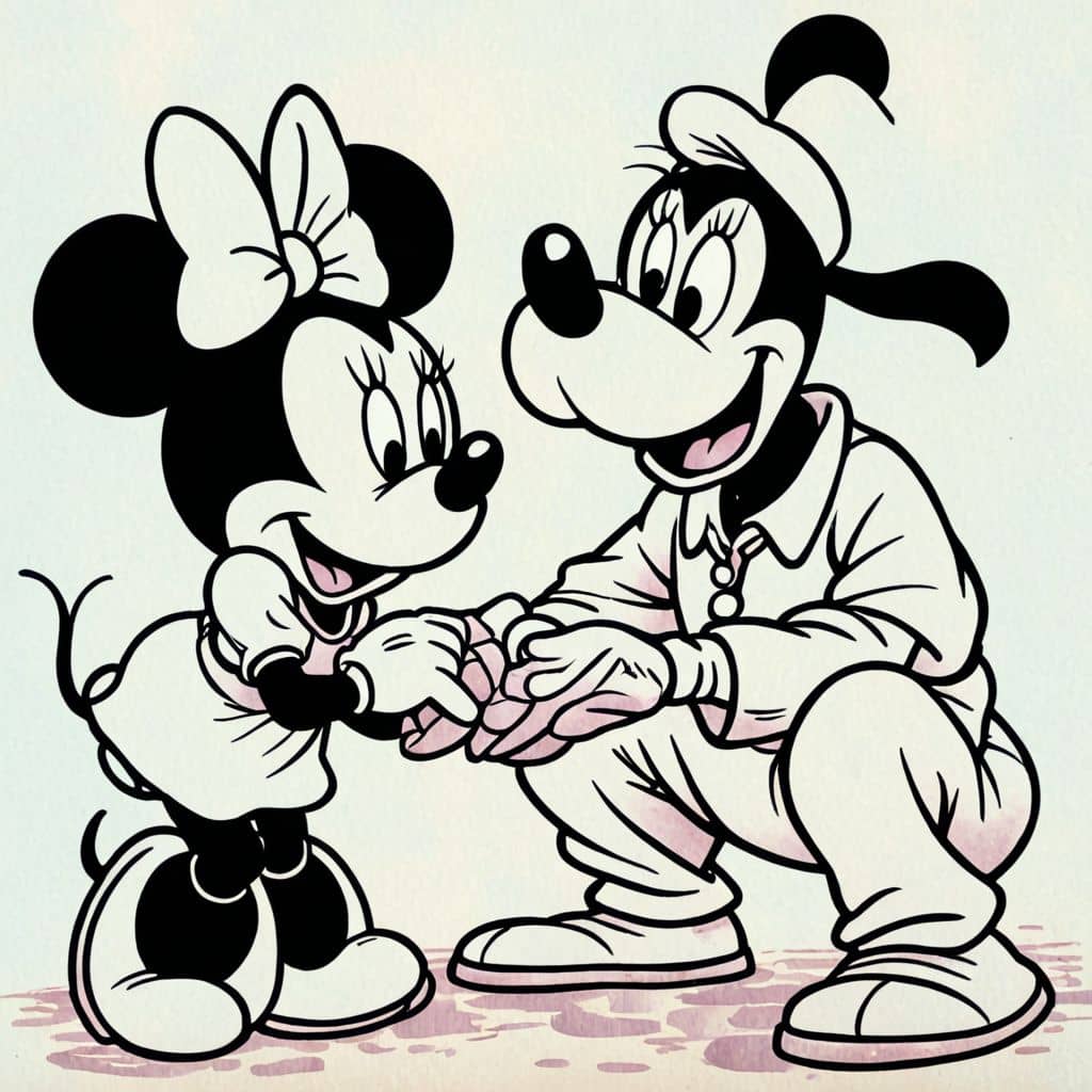 Colored Minnie Mouse - the Disney character applying a bandage on Goofy's arm