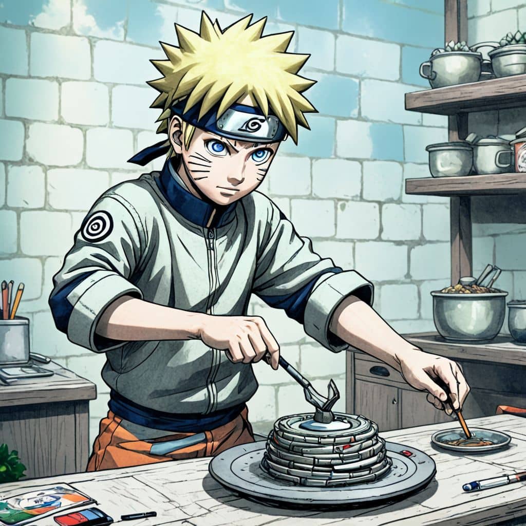 Colored Naruto - the ninja from Naruto anime as a chef flipping pancakes