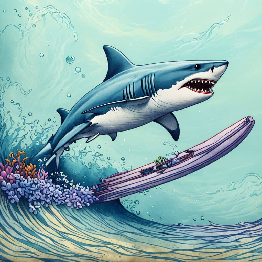 Colored Shark flying through the sky to save a surfer