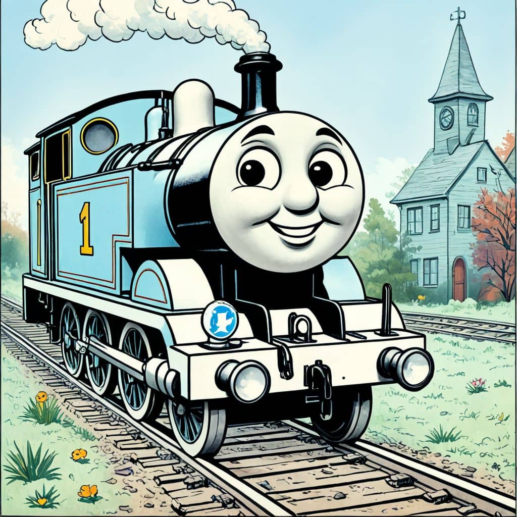 Colored James the Red Engine operating a fire hose