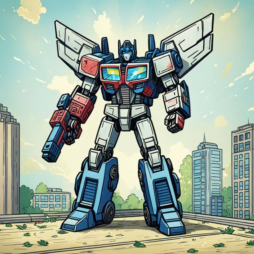 Colored Megatron - the Decepticon leader from Transformers cartoon standing on a skyscraper roof