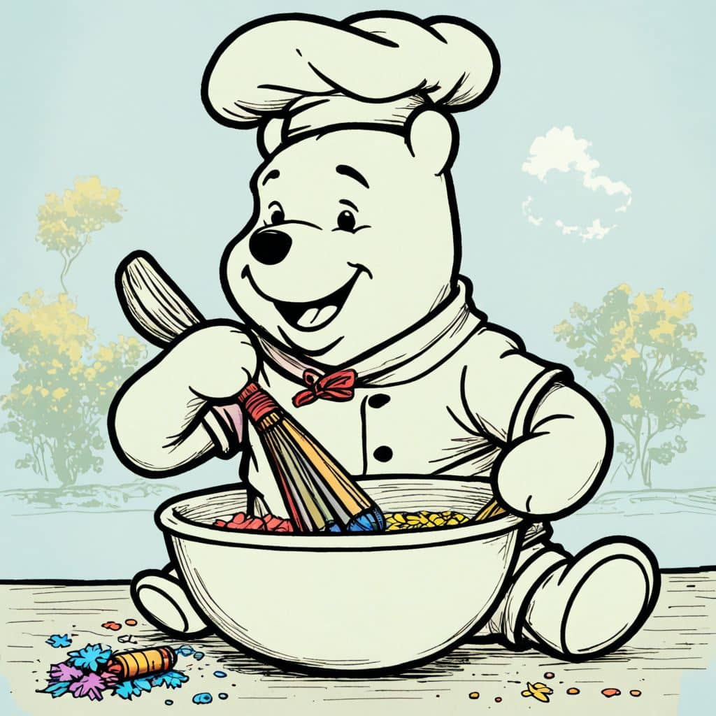 Colored Winnie the Pooh as a chef with a mixing bowl