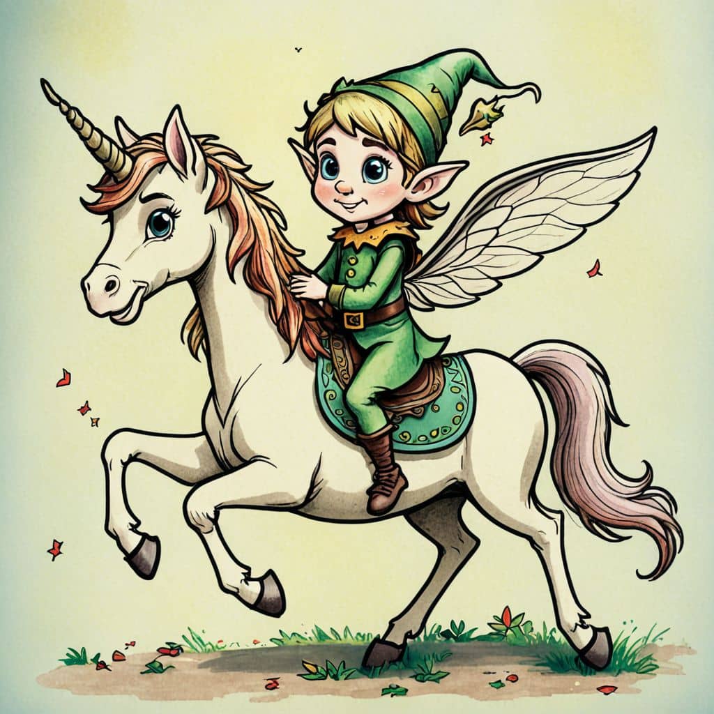 Colored Elf from Elf Cartoon riding a unicorn