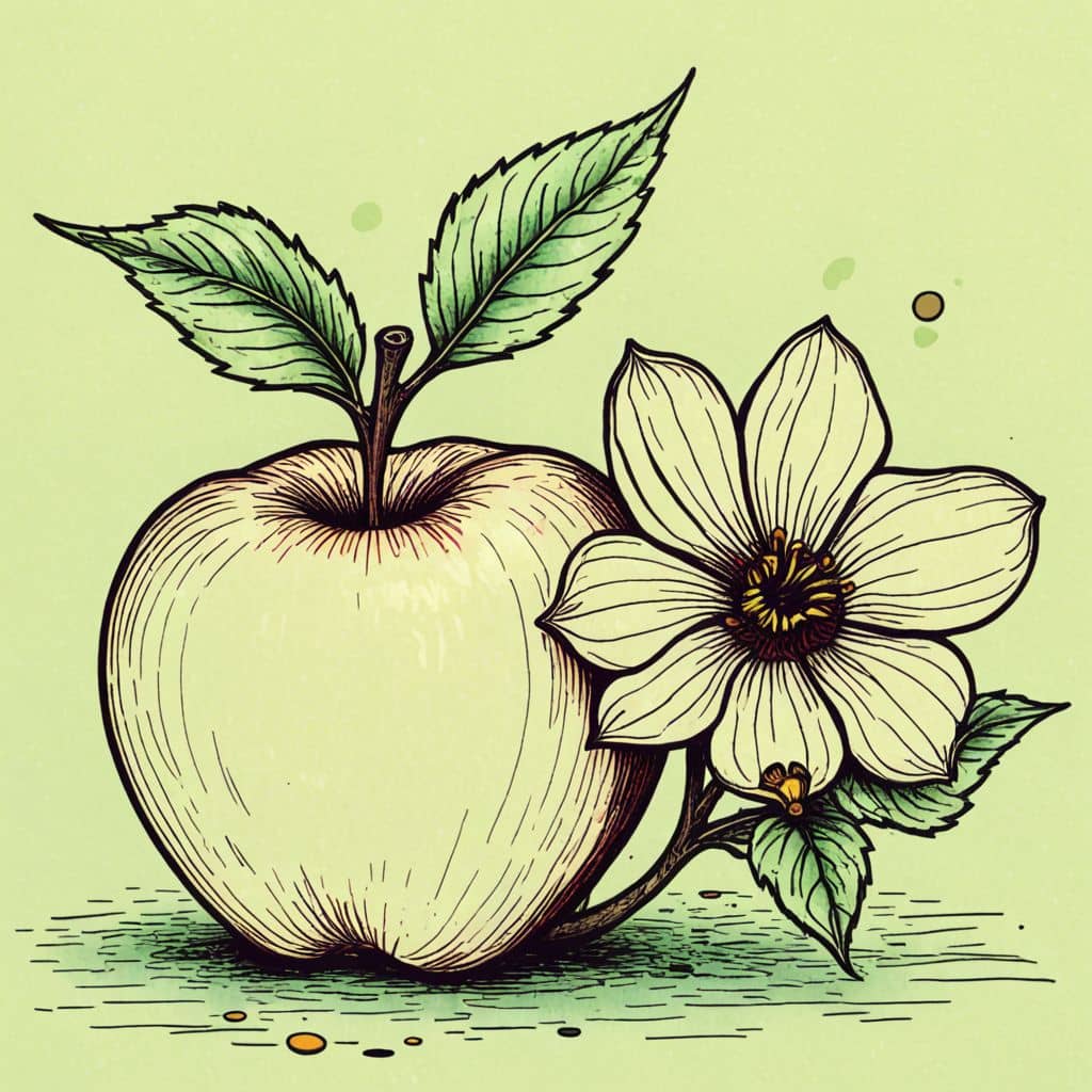 Colored Apple next to a blooming flower