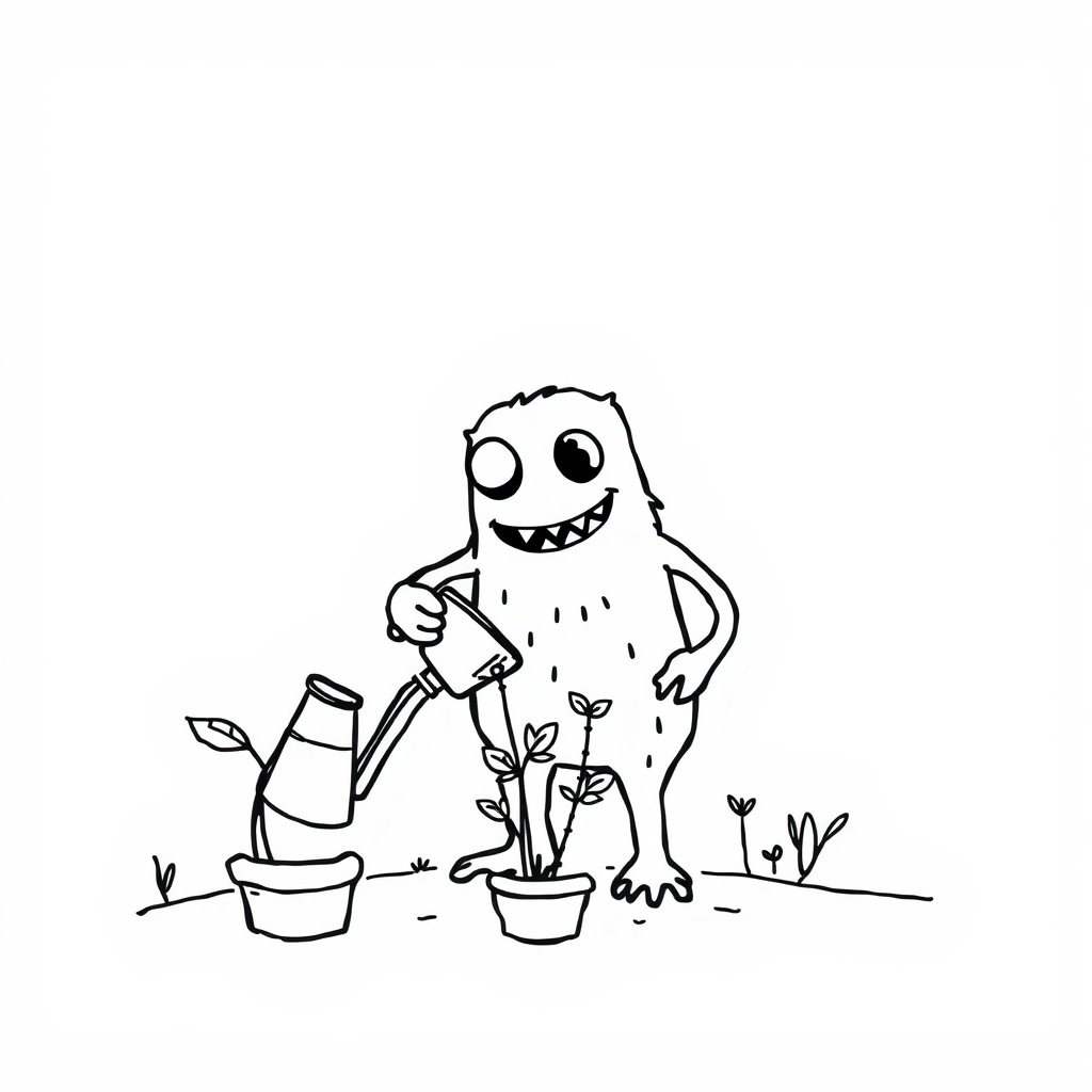 Gardener monster watering plants