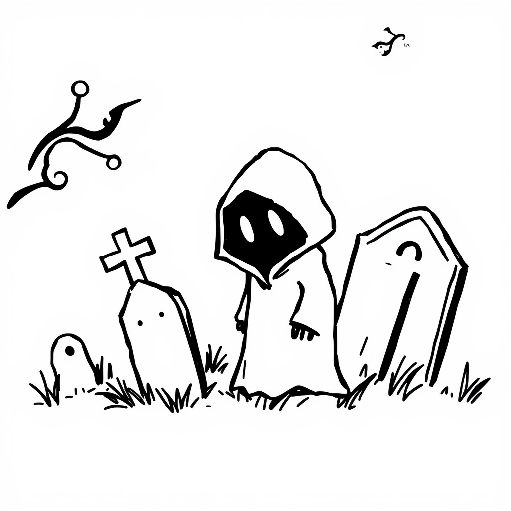 Creepy cemetery with a hooded figure