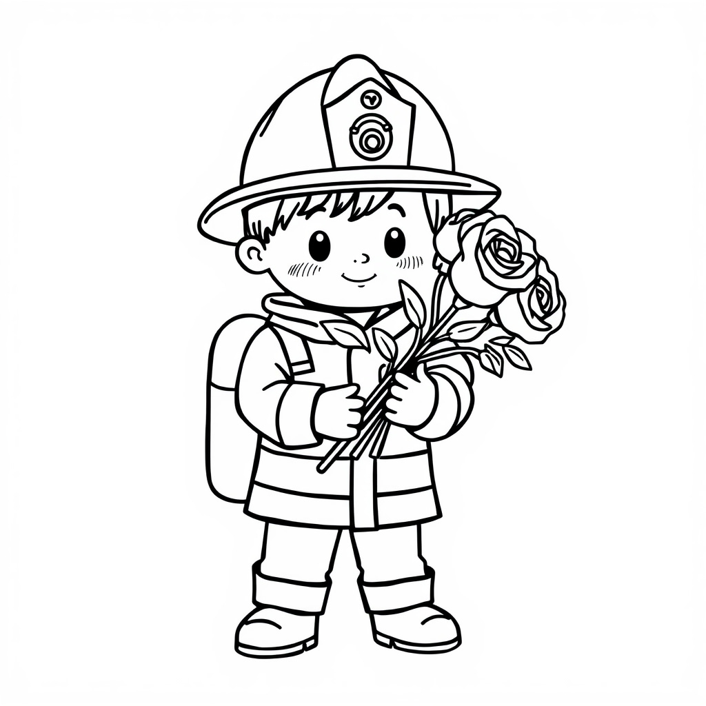 Firefighter holding bouquet of roses