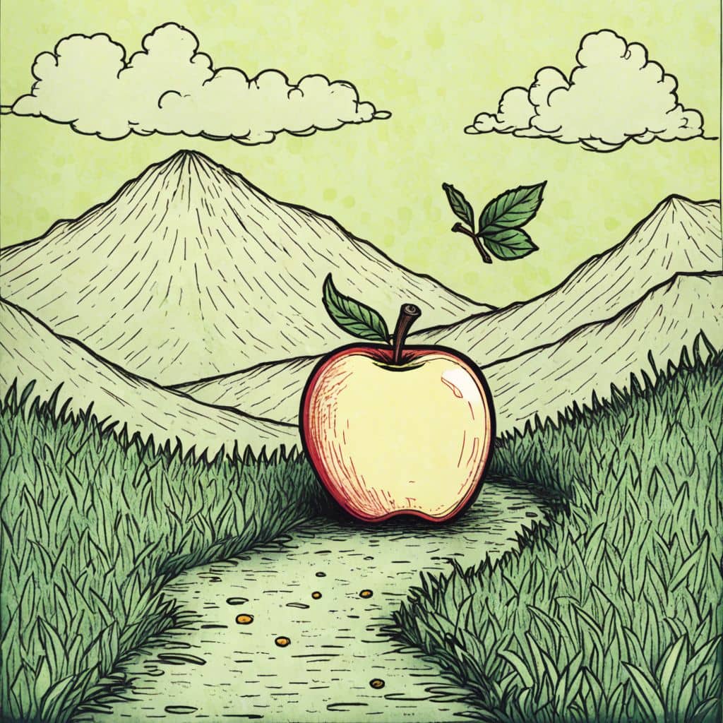Colored Apple on a mountain trail with a butterfly