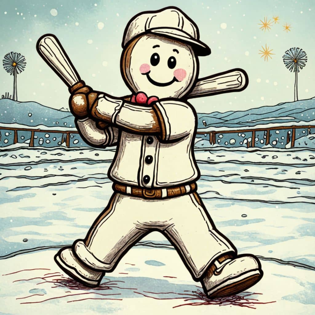 Colored Gingerbread Man in a baseball uniform swinging a bat