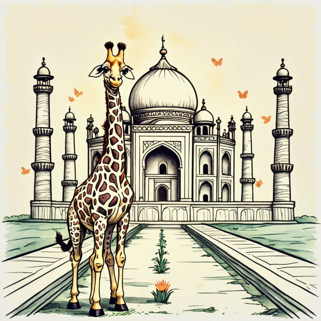 Colored Giraffe in front of the Taj Mahal