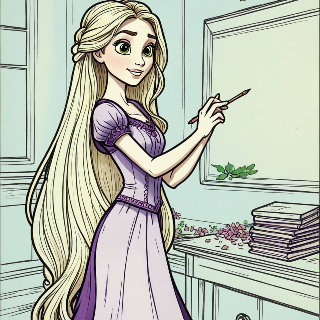 Colored Rapunzel - the princess from Tangled Disney Movie as a teacher holding a chalkboard