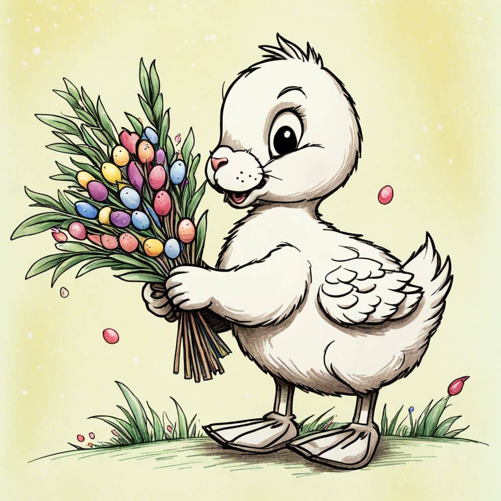 Colored Duckling holding a bouquet