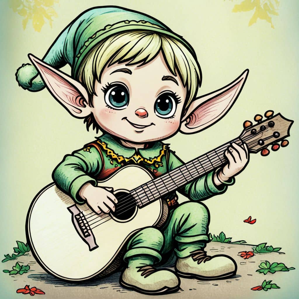 Colored Elf from Elf Cartoon playing a guitar
