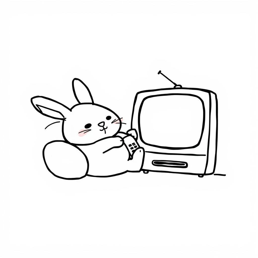 Relaxed bunny lounging with TV remote