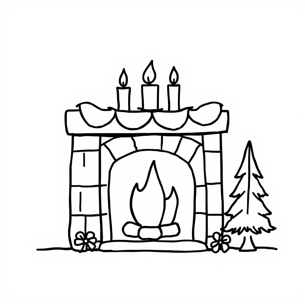 Candles lit on fireplace with winter decor