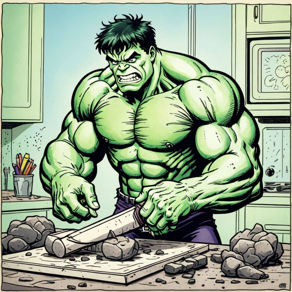 Colored Hulk from Marvel Comics chopping vegetables on a cutting board