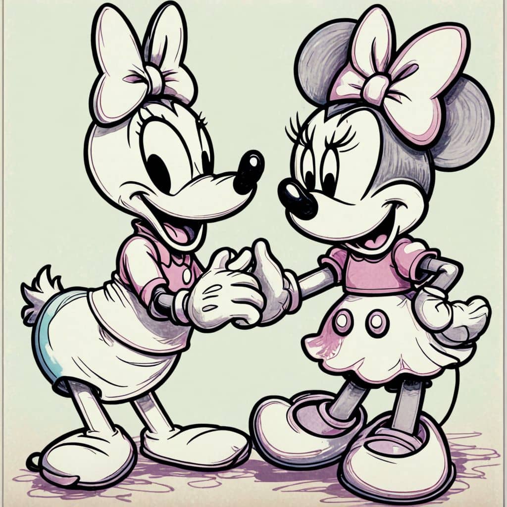 Colored Minnie Mouse - the Disney character listening to Donald Duck's heartbeat