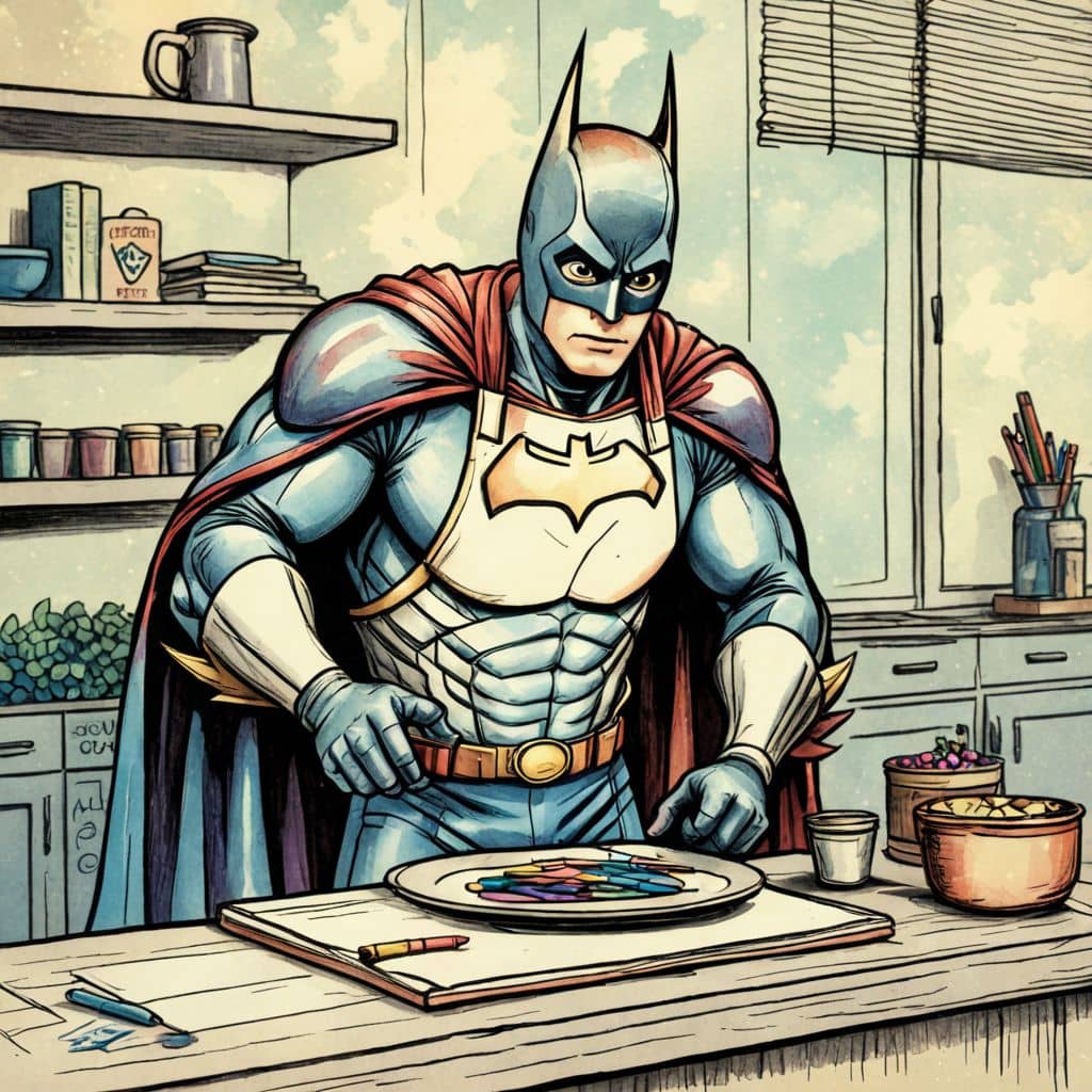 Colored Batman - from DC Comics cooking in a chef's apron