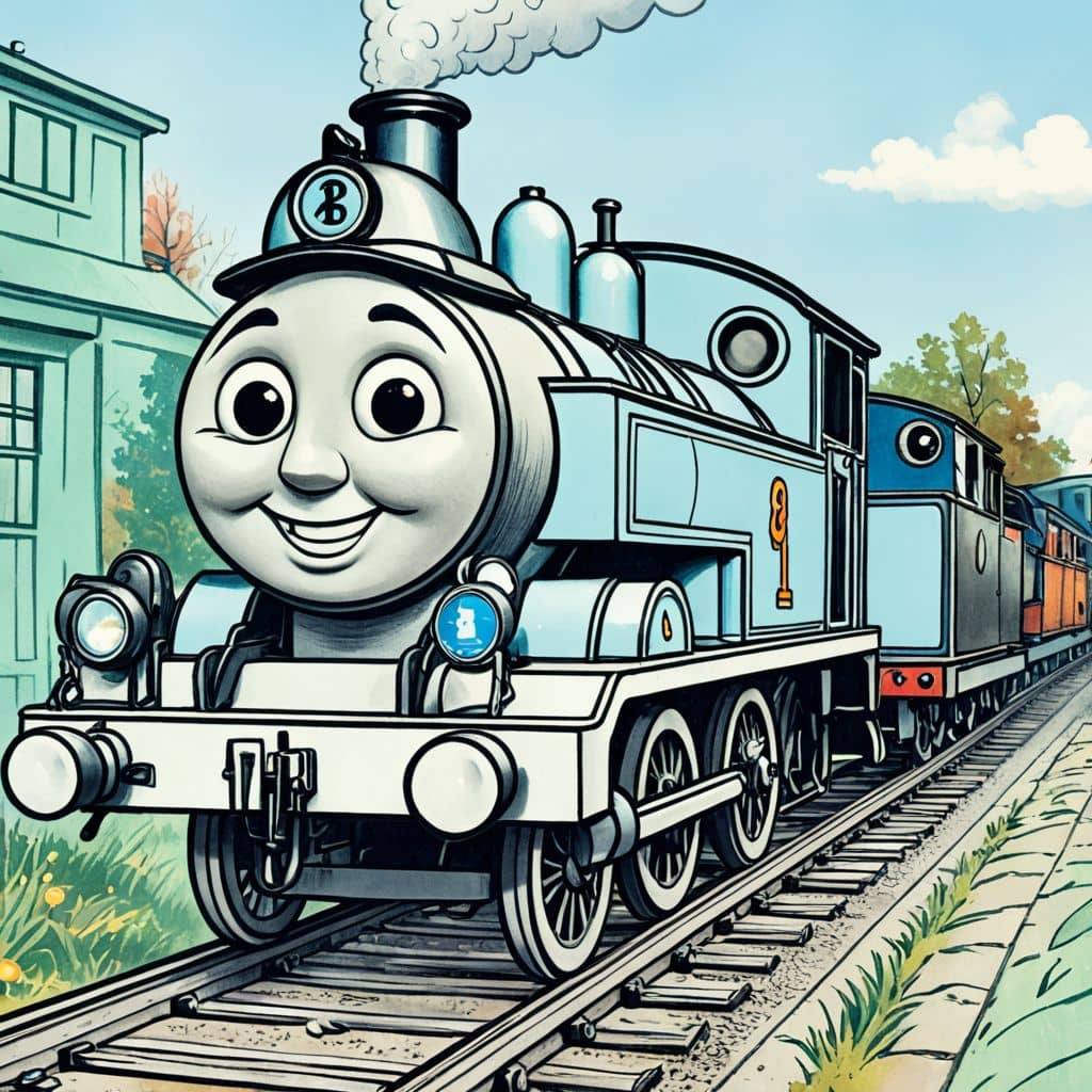 Colored Emily the Green Engine transporting firefighters