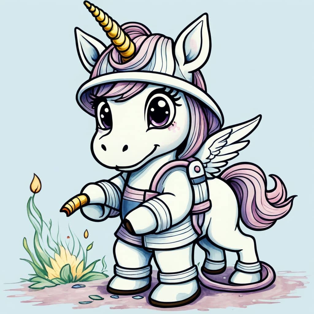 Colored Unicorn Firefighter holding a hose