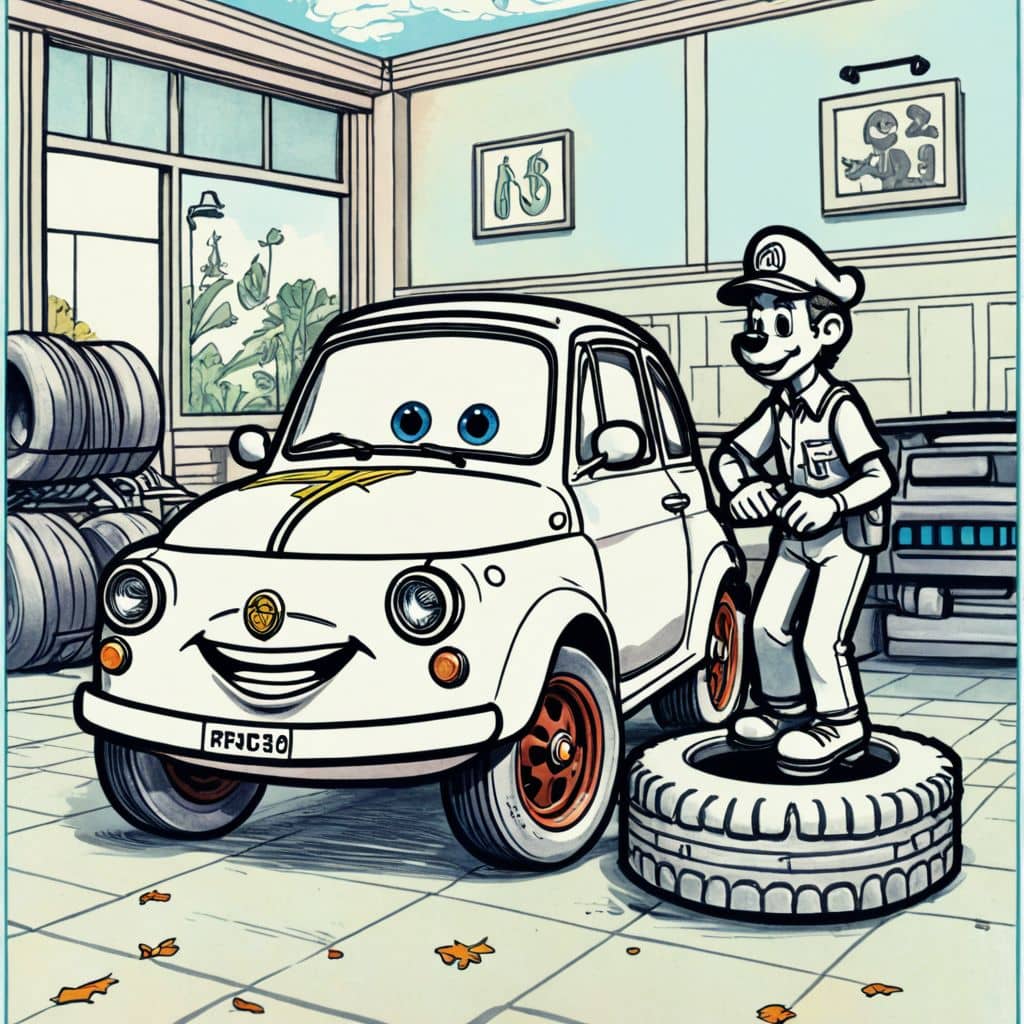 Colored Luigi - the yellow Fiat from Disney Cars changing tires in his tire shop