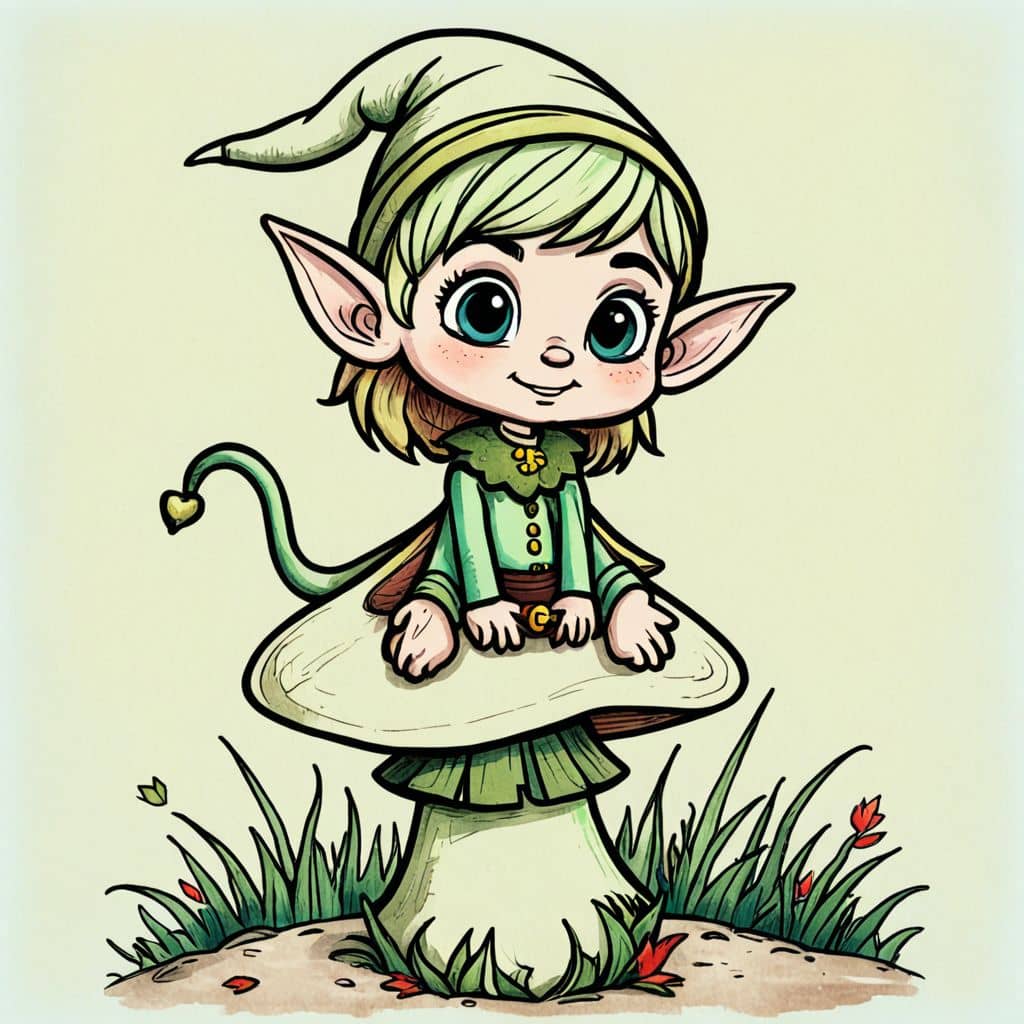 Colored Elf from Elf Cartoon sitting on a mushroom