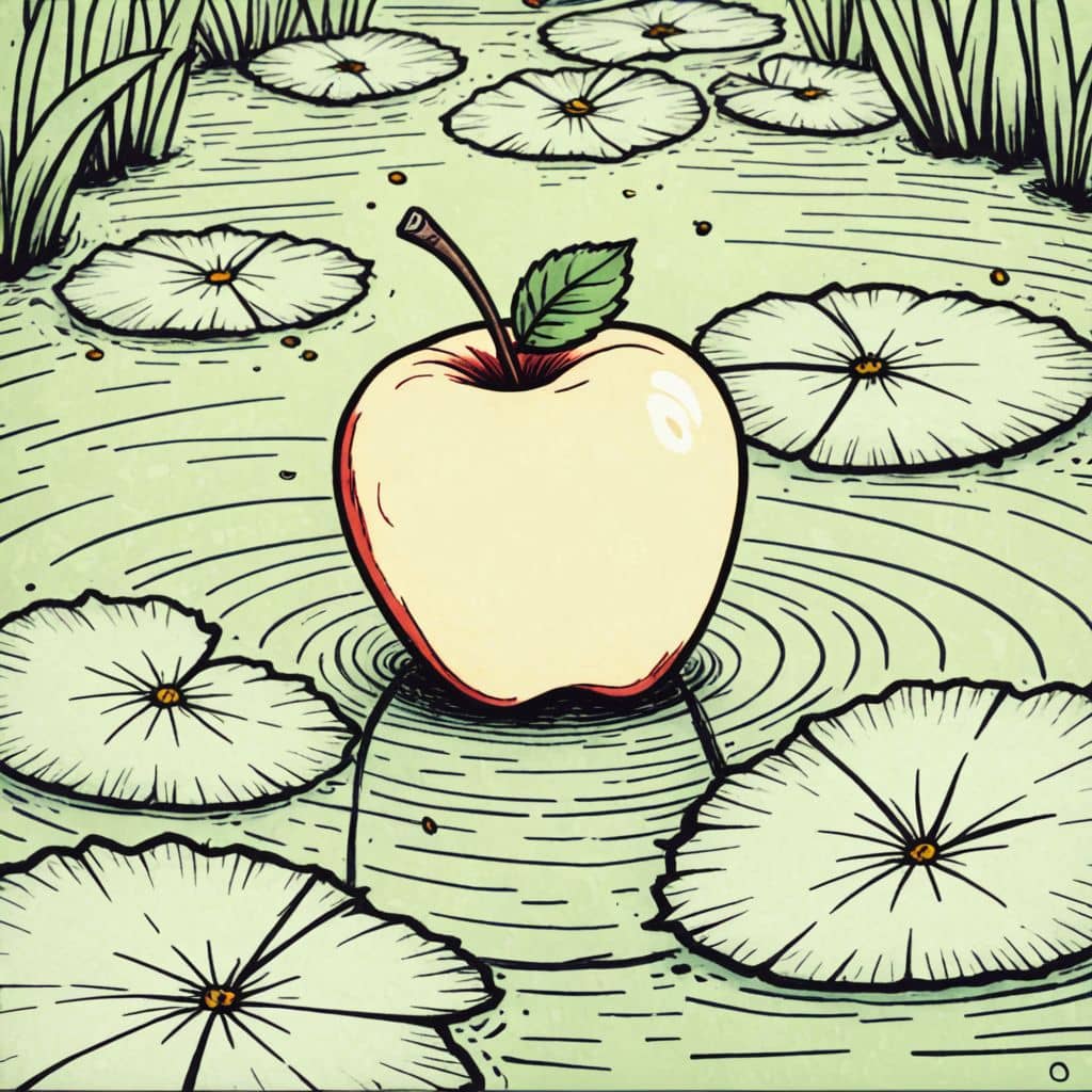 Colored Apple floating on a pond with lily pads