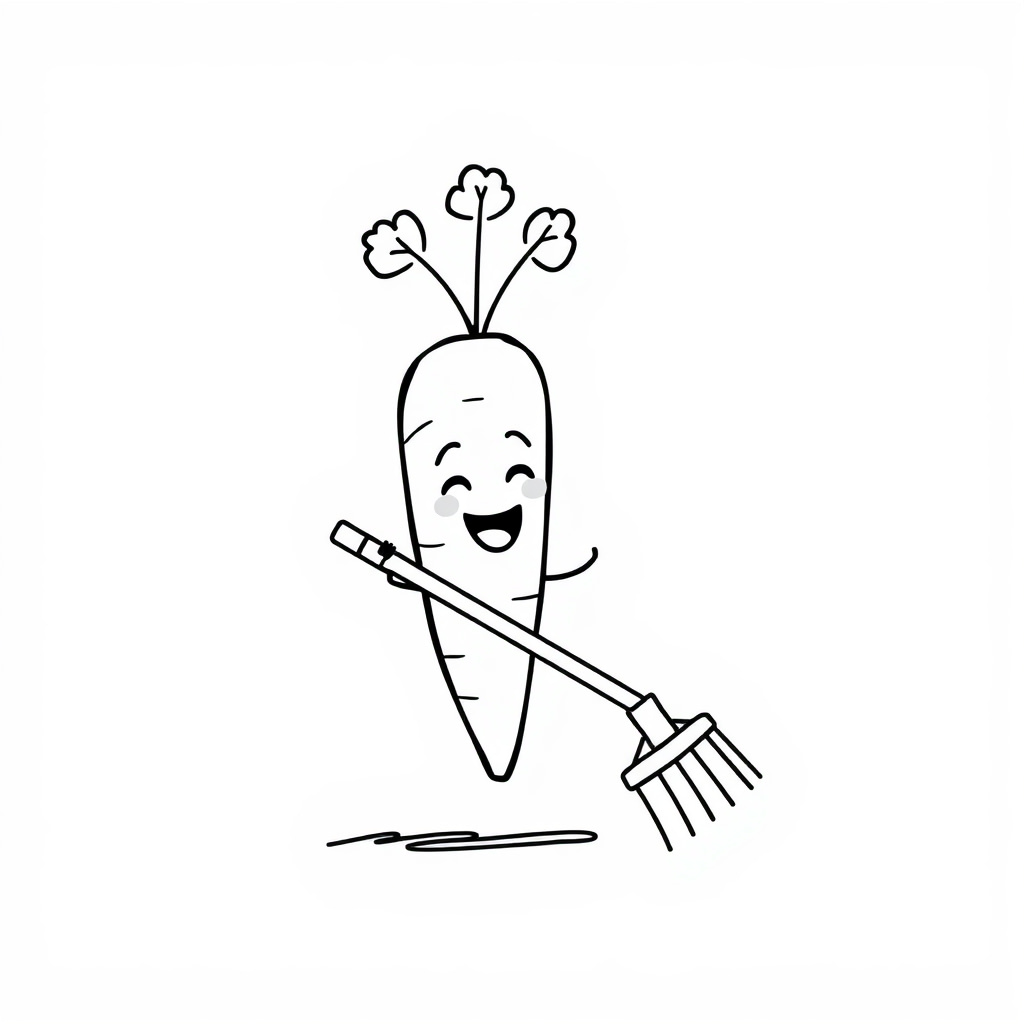 Laughing carrot holding a rake