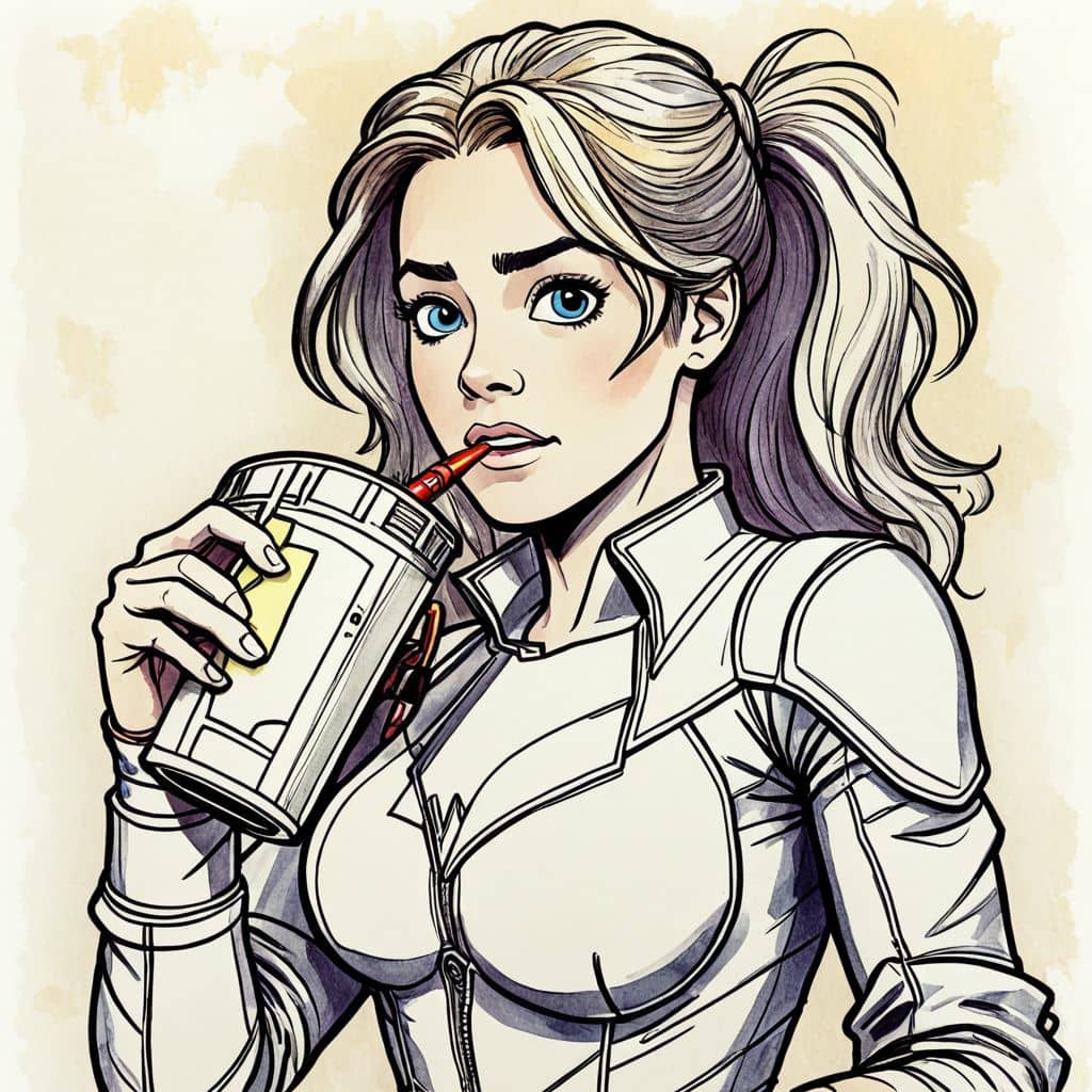 Colored Black Widow from Marvel sipping a smoothie