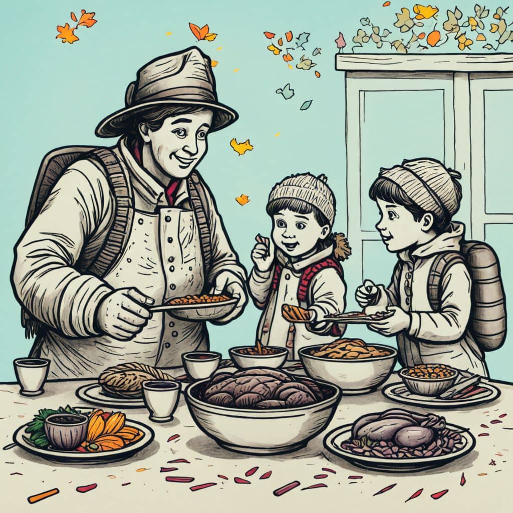 Colored Firefighter sharing Thanksgiving dinner with station crew