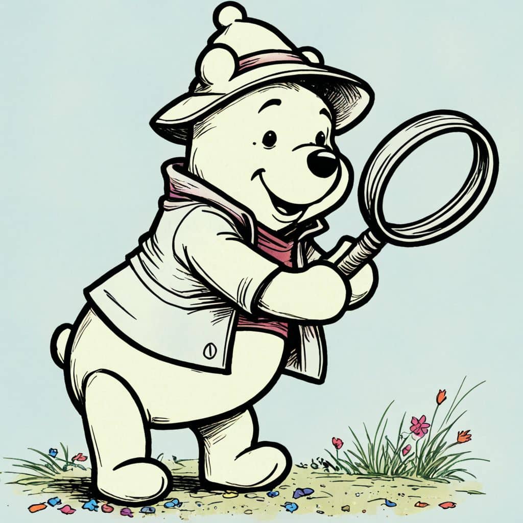 Colored Winnie the Pooh as a detective with a magnifying glass
