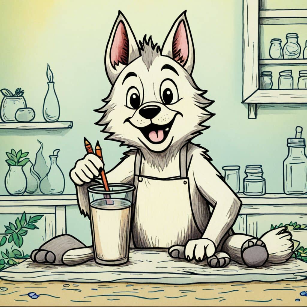 Colored Wolf preparing a fruit smoothie