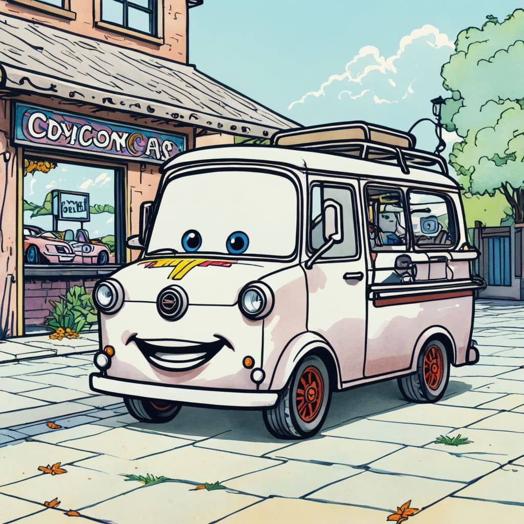 Colored Fillmore - the van from Disney Cars serving juice at a smoothie bar