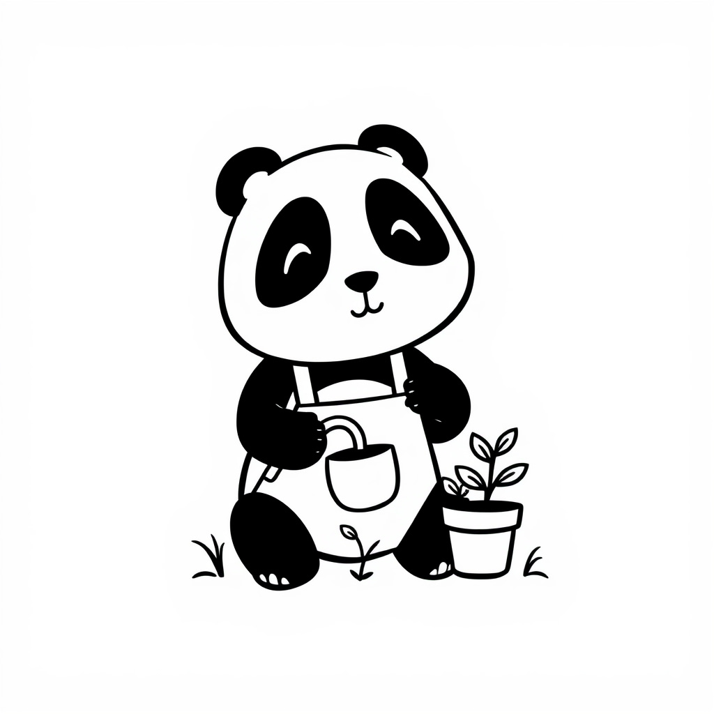 Panda Gardener Watering Plants.