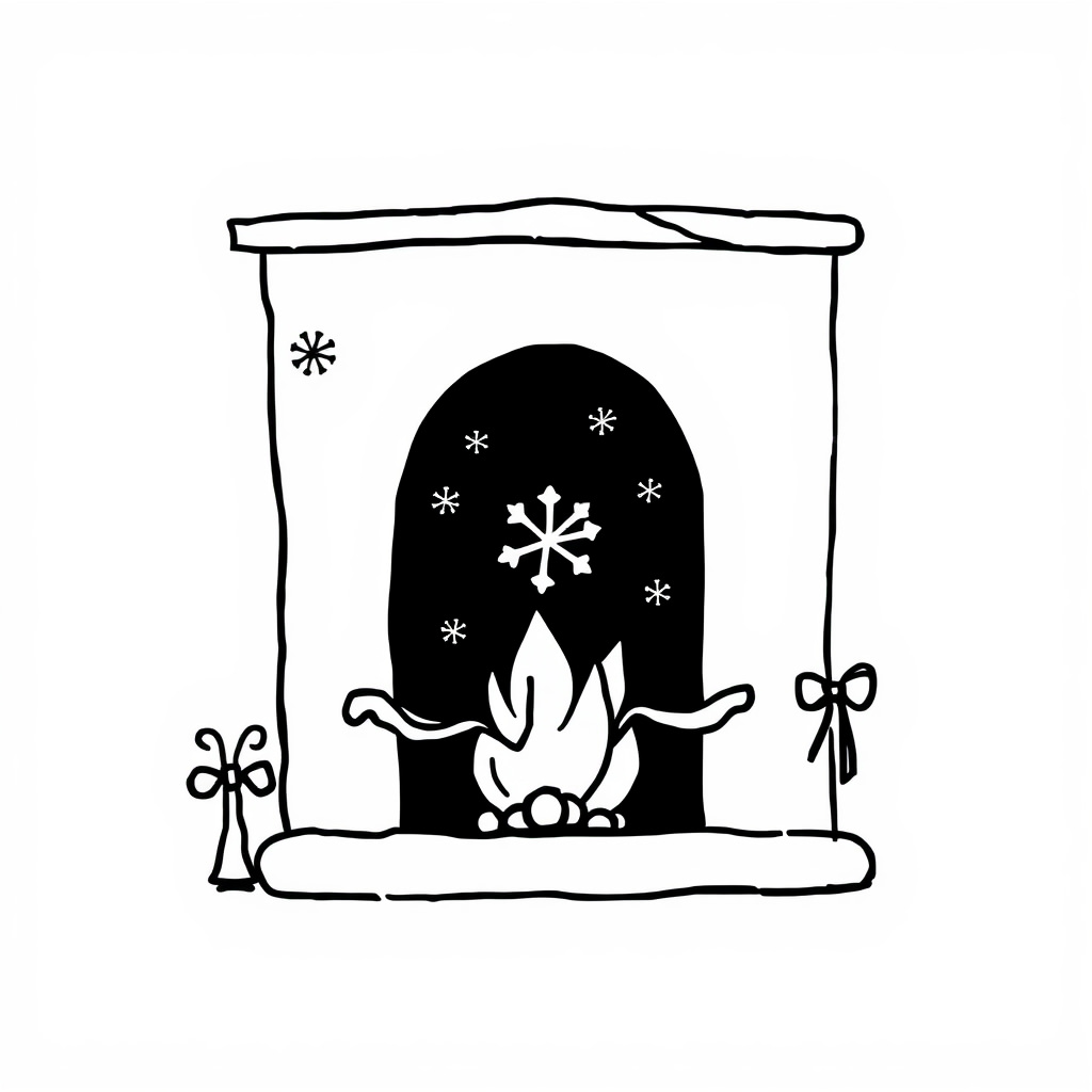 Snowflakes falling by decorated fireplace window.