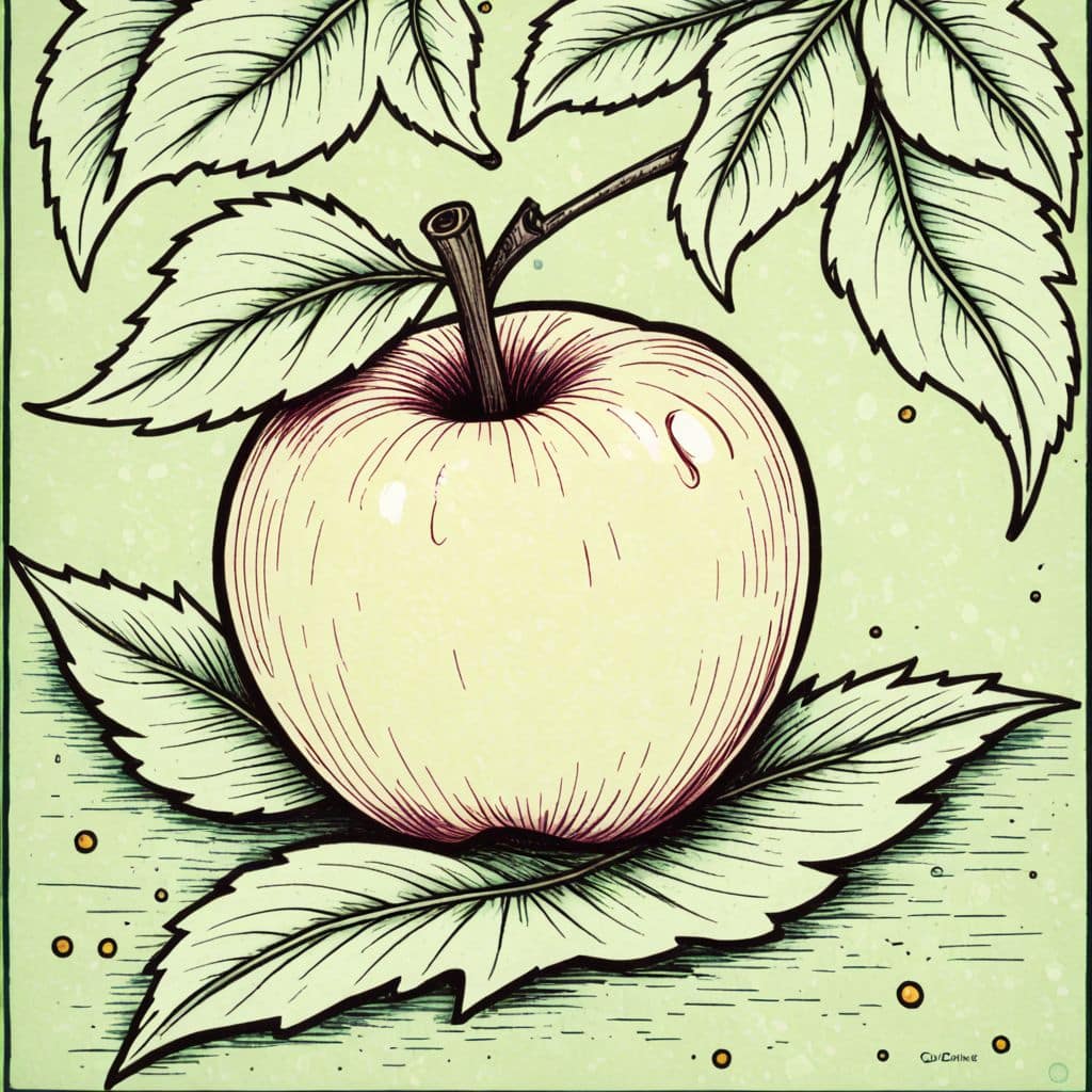 Colored Apple resting on a large leaf.