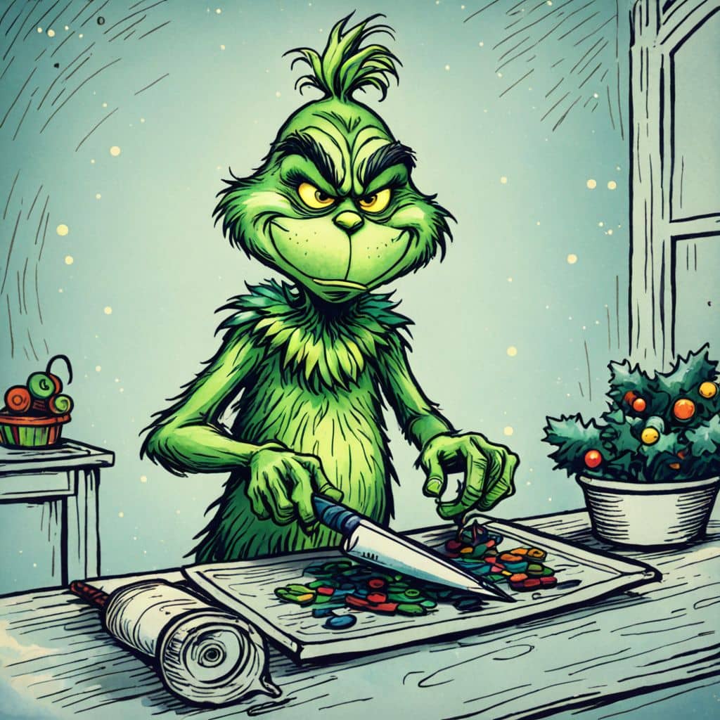 Colored Grinch - the character from the Grinch cartoon slicing vegetables.