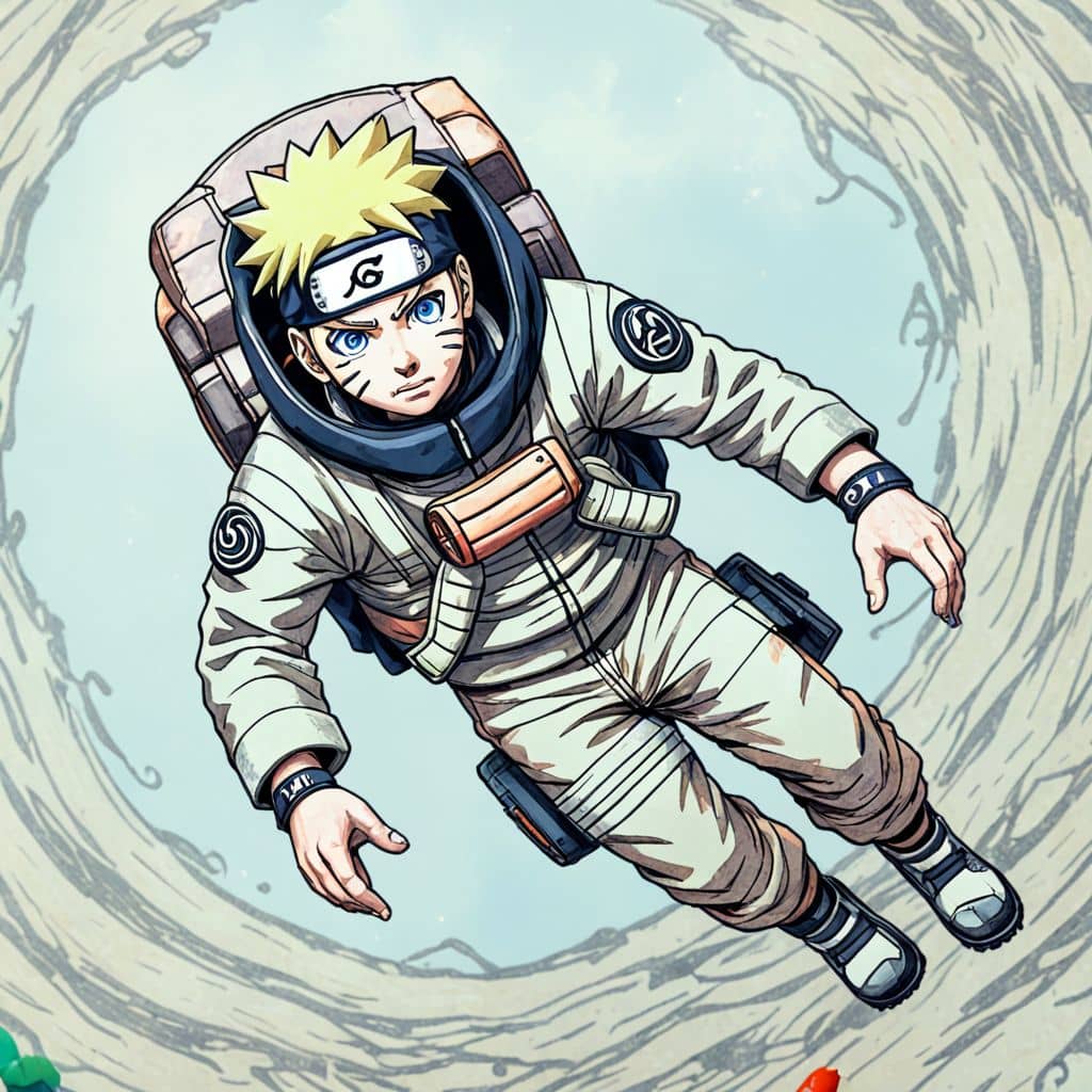 Colored Naruto - the ninja from Naruto anime as an astronaut floating in space.