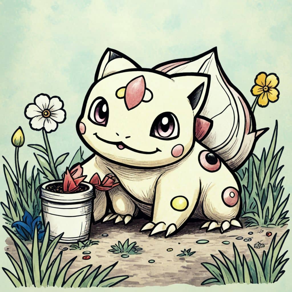 Colored Bulbasaur watering flowers