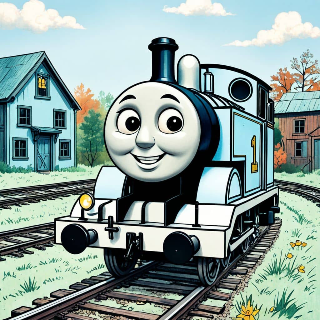 Colored Edward the Blue Engine alerting townsfolk with a siren.
