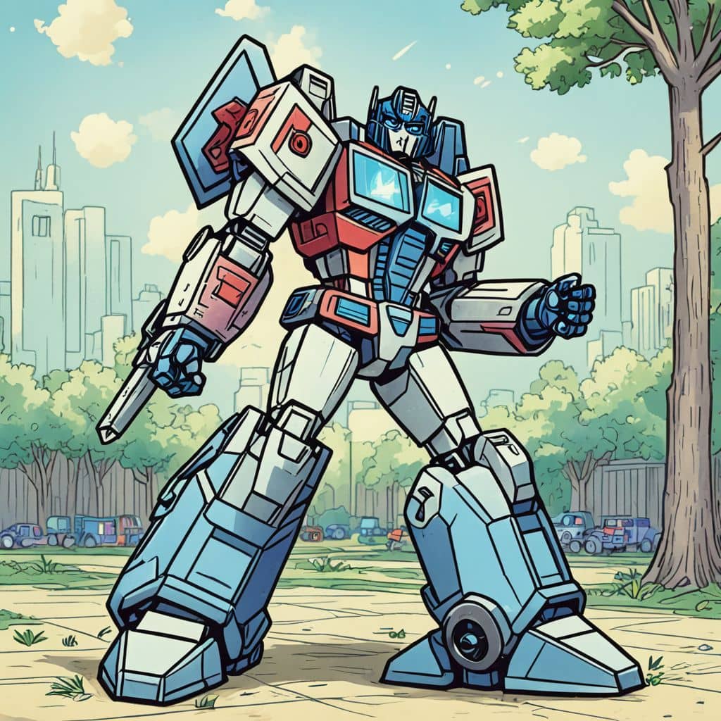 Colored Arcee - the Autobot from Transformers cartoon patrolling the city park.
