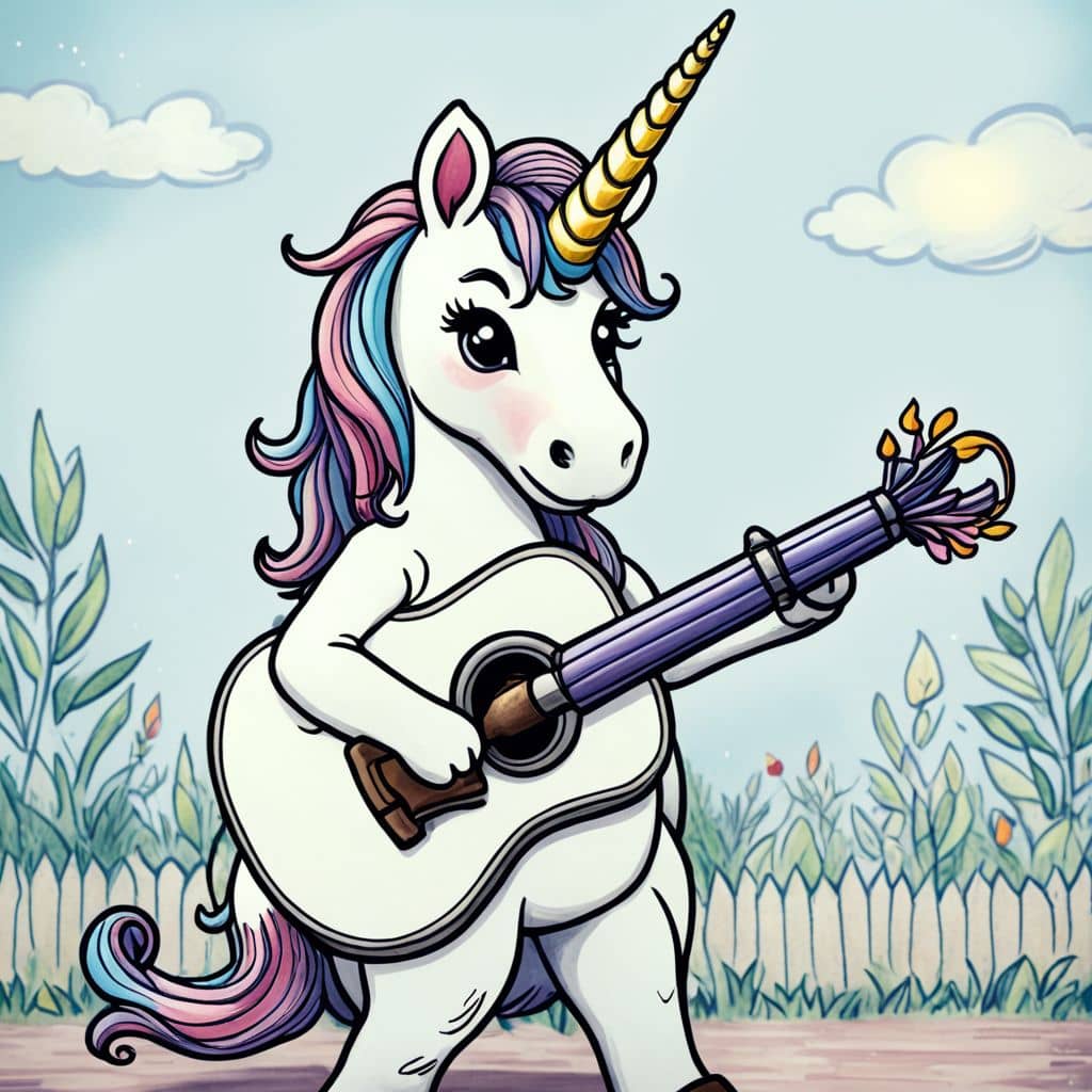 Colored Unicorn Musician playing a guitar.